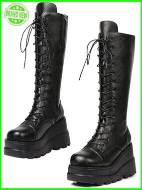 Mid Calf Wedge Platform Combat Boots Chunky Heel Punk Zip